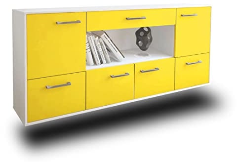 Lqliving Kommode Sideboard Fullerton, Korpus in Weiss matt, Front im trendigem Gelb (180x77x35cm), inkl. Metall Griffen, Wandmontage, Made in Germany