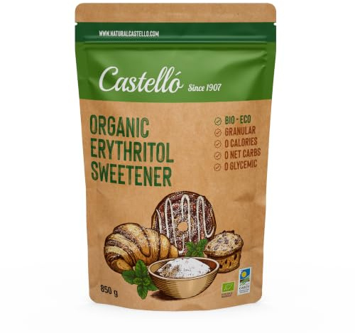 Castello since 1907 Erythritol Sweetener Organic Bio Eco - 850 g | 10g = 7g of sugar ,Sugar Substitute ,Keto and Paleo Friendly ,0 Glycemic ,0 Calories ,0 Net Carbs ,Made by corn 100% Non-GMO