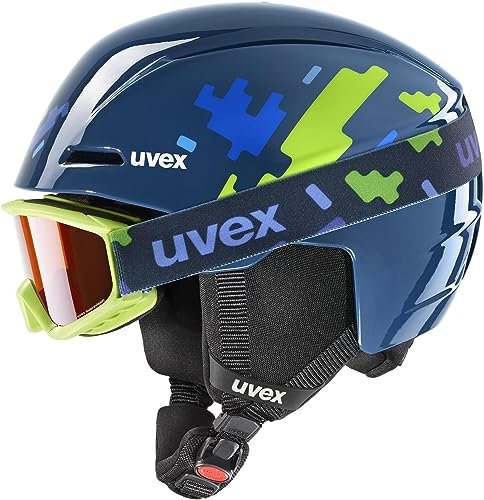 uvex viti Set - Leichter Skihelm & Skibrille für Kinder - individuelle Größenanpassung - beschlagfrei - Blue Puzzle - 46-50 cm
