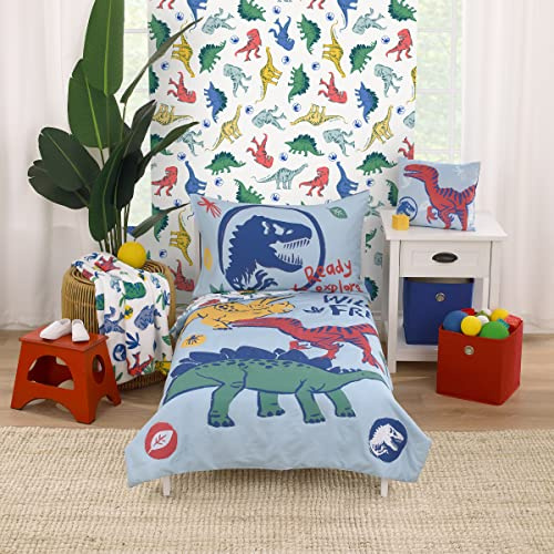 NoJo Universal Jurassic World Wild and Free Blue, Green, and Yellow Dinosaur 4 Piece Toddler Bed Set - Comforter, Fitted Bottom Sheet, Flat Top Sheet, Reversible Pillowcase