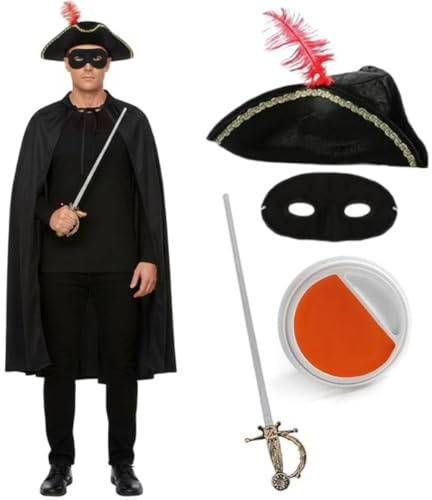I LOVE FANCY DRESS Disfraz de bandido de gato para adultos,sombrero de tricornio negro,capa negra,máscara de ojos,espada falsa y pintura facial naranja y blanca,disfraz de película de televisión