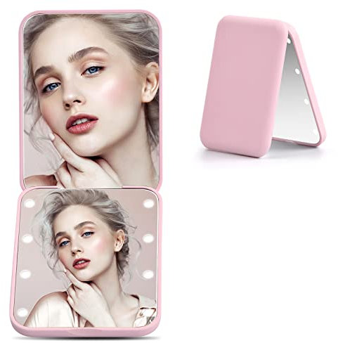 Focenat Miroir de Poche Lumineux, Miroir Grossissant 1X / 2X, Miroir Grossissant Lumineux, Miroir Maquillage Portable, Petit Miroir Compact pour Voyage (Rose)