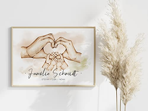 Manschin-Laserdesign Poster Familie Hände personalisiert mit Namen in A4 A3 A2 als Geschenk für Mama zur Geburt Muttertag Familienbild (4 Kinder)
