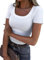 Roselux Women's Summer Scoop Neck Short Sleeve T-Shirts Ribbed Knit Slim Fitted Casual Basic Top, White, S