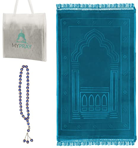 MYPRAY - Gebetsteppich - dick - 3er Set Seccade - mit Tesbih und Tasche (türkisblau)