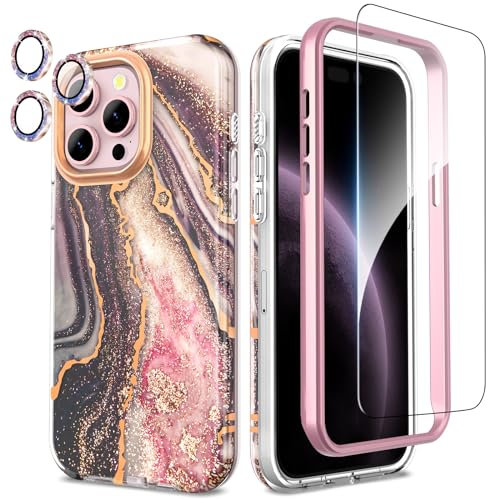 SHEDEER 4-in-1 iPhone 15 Pro Max Case with Screen Protector + Bumper & Camera Protector | Military-Grade Shockproof 360° Protection, 15 Pro Max Case Glossy Fade-Resistant Pattern Design (Black)
