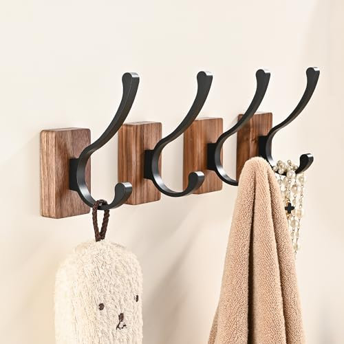 LECHYN 4 Pack Wooden Wall Hooks for Hanging, Adhesive Mounted & Wall Mounted Nature Wood Coat Hooks for Towel Clothes Blanket Hat Backpack Robe Nursery Door Board Entryway Key Holder