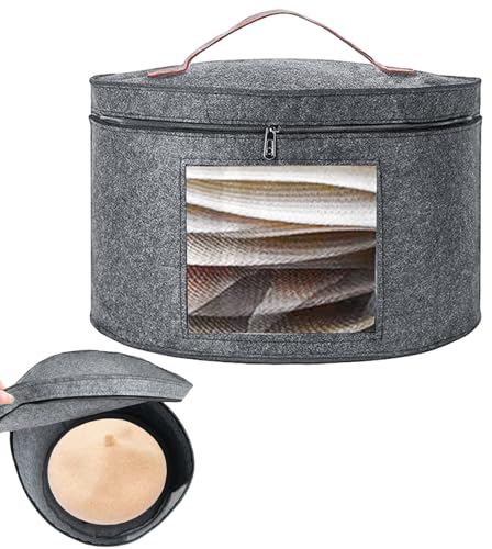 Rierousy Hutschachtel Rund Grey - Foldable Hat Storage Boxes Fabric with Lid und Zip, Leather Handle, Transparent Window, Hutschachtel- 42 x 25 cm