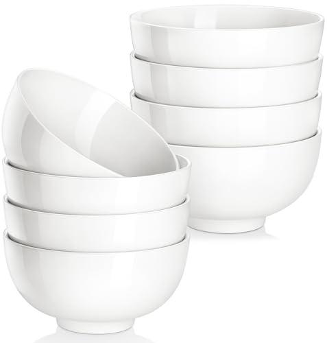 MALACASA 14 oz Small Porcelain Soup Bowls Set of 8, White Ceramic Cereal Bowls for Oatmeal Salad Fruit Rice, Dishwasher and Microwave Safe, Series Regular