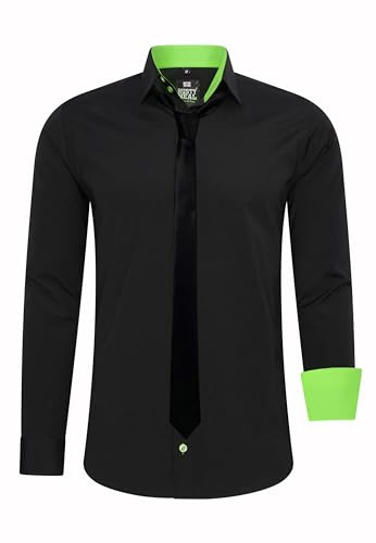 Rusty Neal Herren-Hemd Premium Slim Fit Langarm Stretch Kontrast Hemd mit Krawatte Business-Hemden Outfit Freizeithemd Set 44_99