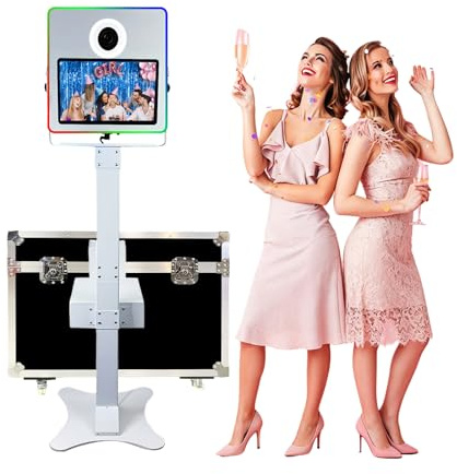 WideMeet Tragbare Spiegelkabine für Hochzeiten, DSLR-Fotokabine, LED-Rahmen, Spiegelkabine mit 39,6 cm (15,6 Zoll) Touchscreen, mit Flugkoffer, Verpackung für Partys, Veranstaltungen (weiße Maschine)