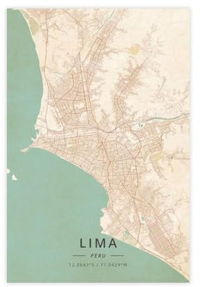 Generisch Lima Peru Stadtkarten Vintage-Leinwand-Poster, Schlafzimmer-Dekor, Sportlandschaft, Büro, Zimmer, Dekoration, Geschenk, ungerahmt, 30 x 45 cm