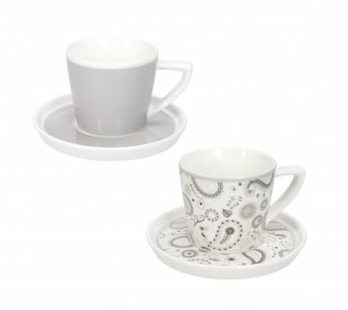 Brandani SHANTI 52862 Kaffeetassen Set aus 2 Stück New Bone China, 12 x 7 cm, Porzellan New Bone China, 100 ml, Spülmaschine, Mikrowelle, Gefrierschrank, einfarbig grau + weiß mit Shanti Dekor