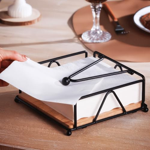 Porte Serviette de Table Cuisine, Serviette Porte de Table avec un Bras Lesté Déjeuner Moderne en Fonte Robuste, Napkin Holder Socle en Bois pour Outdoor Piqueniquer Party Bar