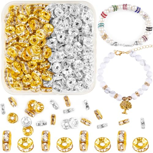 400 Stück 8mm Glasperlen Metall Spacer Perlen zum Auffädeln, Rondelle Strass Zwischenperlen Kristall Loose Round Perlen für DIY Armbänder Ohrringe Halskette Schmuck Dekorationen