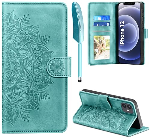 EASDNB Handyhülle für iPhone 12/12 Pro, Hülle für iPhone 12 Pro/iPhone 12 Lederhülle Flip PU Leder Tasche Case Kartenfach Magnet Ständer Klapphülle Schutzhülle für iPhone iPhone 12/12 Pro 6.1, Grün