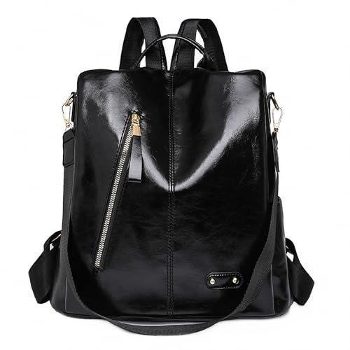AEETYL Lässiger, diebstahlsicherer Einkaufs- und Reiserucksack für Damen, leichte und einfache Retro-Umhängetasche mit großem Fassungsvermögen aus weichem PU-Leder für die Arbeit,Black,Size