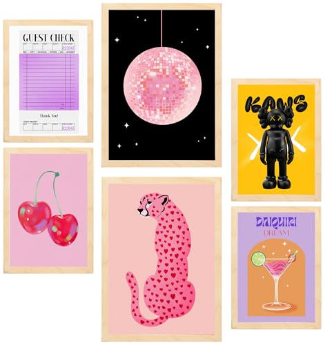 Nacnic-Set mit 6 Dekorative Malerei Kaws moderne Kunstillustrationen Gerahmtes Poster mit Design-Illustrationen zur Dekoration der Wände A3 & A4 Leichter Holzrahmen