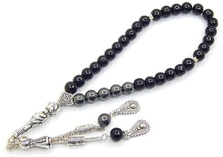 Perlin Gebetskette Gebetsperlen Tesbih Tasbih Tespih Misbaha Subha 33, Muslimisches Islamic Rosenkranz Armbänder Anbetungszubehör Halbedelstein Hämatitperlen Onyx Schwarz Perlen Kugel 8mm