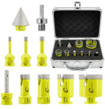 Punte Diamantate Gres Porcellanato SANLEETEK - Punte per Trapano Diamantate 10pezzi (6/8/10/20/25/35/50mm+10mm Fresa+35mm Punta per Smusso+Adattatore) per Ceramica Porcellana Marmo Granito