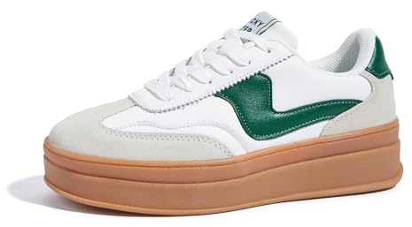 LUCKY STEP Sneakers Donna con Zeppa – Scarpe Chunky alla Moda, Scarpe Casual con Lacci, Comode per Camminare e Uso Quotidiano (Bianco/Verde, 10US-41EU-8UK)