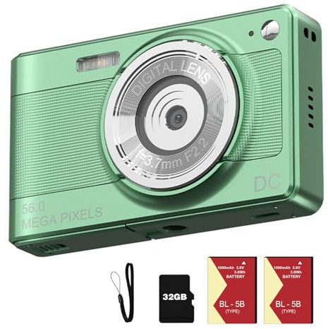 DEGIPO Kids Digital Camera, 1080P 56MP Compact Camera with 32G Card & 2 Batteries (Green)