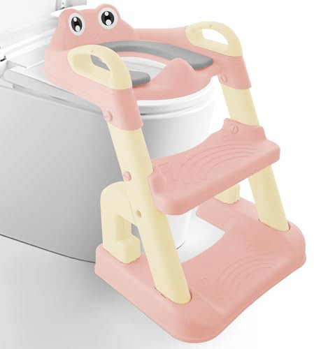 Adjustable Toilet Training Seat for Kids 1-7 Years - Upgrade Anti-Slip Children's Potty Seat with Step Stool & Foldable Design | Fits UK Round Toilets|(Light Pink)