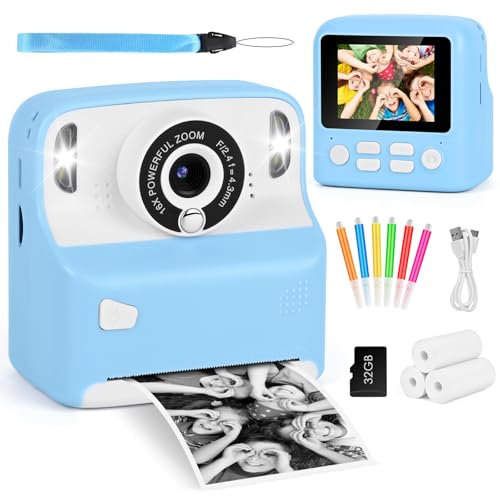 Macchina Fotografica Bambini Istantanea, GuKKK 2,4 Pollici 1080P Fotocamera Bambini Selfie, Fotocamera Digitale Bambini con 32GB Scheda e Carta Fotografica, Regali di Natale da 3-12 Anni (Blu)