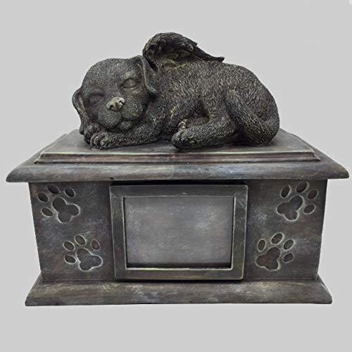 MystiCalls Große Hunde Urne grau als Hunde-Engelfigur mit Bildfach, Tierurne