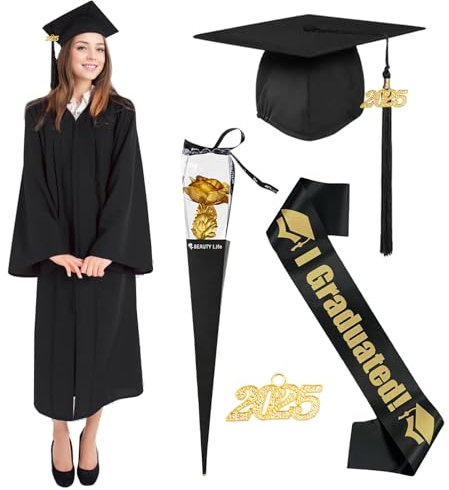 Matreeglam Abschluss Talar mit Doktorhut, Graduation Robe in Schwarz, Quaste 2025, Uni Kleid für Hochschule/Abitur/Bachelor/Master Abschlussfeier, Unisex