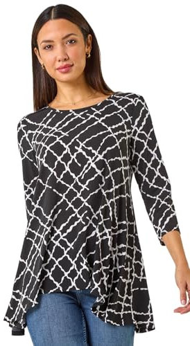 Roman Originals Hanky Hem Tunic Top for Women UK - Ladies Longline Blouse Asymmetric Hemline Casual Slouch Loose 3/4 Sleeves Round Neck Relaxed Comfortable Holiday - Noir White - Size 20