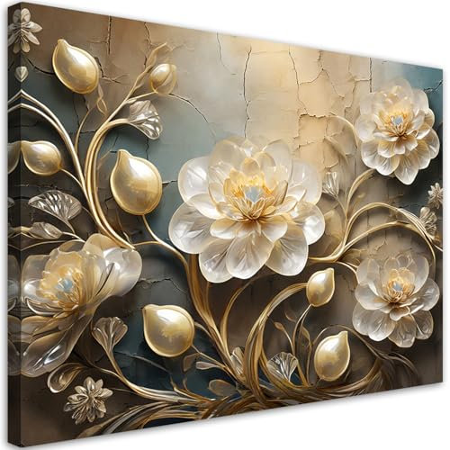 Feeby Bilder - Foto Geschenk - Blumen Gold Beige Glamour - 60x40 cm 1tlg - Leinwandbilder Wohnzimmer - Wandbild über dem Bett - Bild Schlafzimmer - Aesthetic Zimmer Deko - Modern Pictures