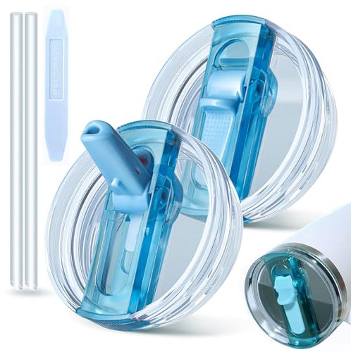 40oz Leakproof Lids for Stanley Cup - Tumbler Detachable Flip Straw Lid,Lids Replacement for Stanley Cups,Travel Cup Accessories,Set with Cover,Straw,Non Spill Lid, Detachable Tool (Blue 2Pcs)
