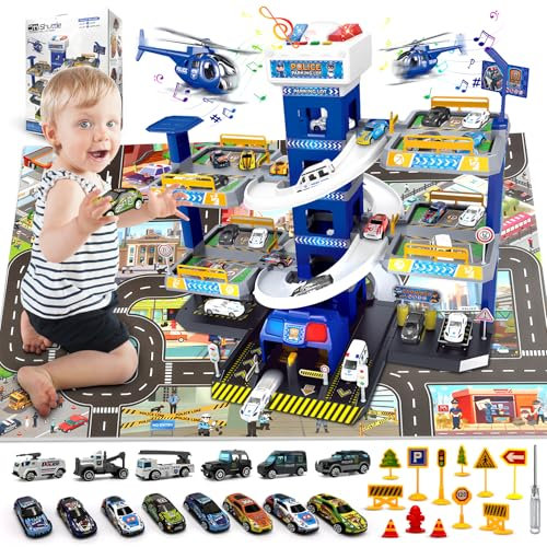 RoserRose Garaje de 5 Plantas Coches Juguete, Pista de Coches para Niños con 14 Coches, 2 Helicópteros, Ascensor, Luces, Sonido y Gran Mapa, Parking Coches Juguete 3 4 5 6 7 8 Años, Policía