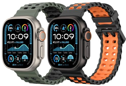 MoKo 2Pièces Bande Océan Compatible avec Apple Watch Ultra 3/2/1 49mm,S11/S10 46mm,9/8/7 45mm,SE3/SE2/SE/6/5/4 44mm,3/2/1 42mm,Bracelet Silicone avec Connecteur Métallique,NoirOrange+VertArméeNoir