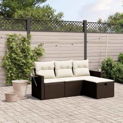 IKAYAA 4-TLG Balkon Lounge Gartenlounge Klein Rattan Sofa Balkonsofa Kleiner Balkon Sitzecke Balkon Loungemöbel Gartensofa Ecksofa Braun und Creme
