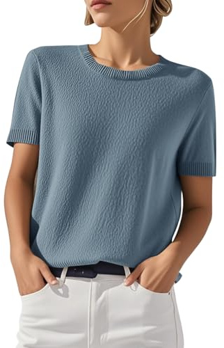 shownicer Femmes Pull Manches Courtes Printemps Été Sweatshirt Col Rond Top Tricot Couleur Unie Casual Pullover A Bleu L