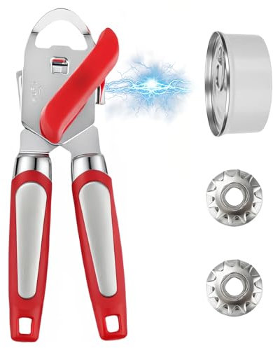 AHRLIC Manual Can Opener, Heavy Duty Stainless Steel Tin Openers with Magnet and 2 Extra Blades, Multifunctional Handheld Tin/Bottle/Jar Opener, Easy Turn Knob Bottle Opener with Non-Slip Grip, Red