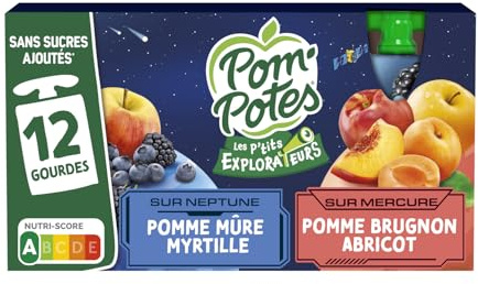 POM'POTES – Compotes Sans Sucres Ajoutés, Saveurs Pomme Myrtille & Brugnon Abricot (12x90g) - Le Lot De 3