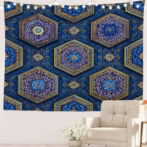 Batmerry Wandteppich mit persischen Motiven, blaue Sechsecke mit goldener Wandkunst, Hängedekoration, Polyesterfaser, weiß, gerüscht, für Schlafsaal, Schlafzimmer, Wohnzimmer, 99,3 x 150,1 cm