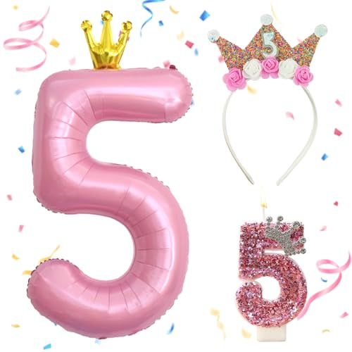 Palloncini Compleanno Corona Rosa 107 CM,Corona Compleanno Bambina 5 Anni | Candele di con Numeri 5,Palloncino Numero 5,Decorazioni Festa compleanno,Gonfiabili Pallone per Anniversario