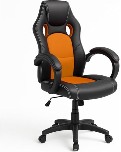 BAKAJI Sedia Sportiva Poltrona Direzionale da Ufficio 4 Ruote Girevole 360° Modello Racer Gaming Design Extra Lusso in Ecopelle Nero e Tessuto (Arancione)