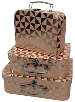 Emartbuy Rose Gold Foil Suitcase Gift Boxes Set of 3 – Prebuilt Decorative Cardboard with Metal Handle & Clasp – Organizer for Events, Hampers & Gifting – 30.2×21.9×9.5/25×18.8×8.8/20.2×16×8.2 cm