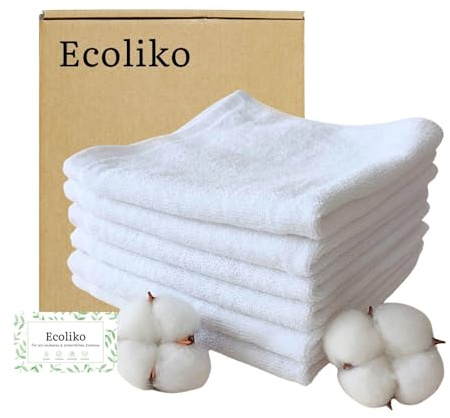 Ecoliko® Gästetücher 35×35 cm aus 100% Baumwolle, 6er Set - 570 GSM Premium Frottee - Kleine Handtücher für Gäste-WC & Bad - Weich & Saugstark - Weiß