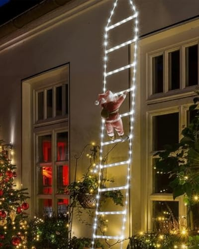 EcoNour Weihnachtsleiter-Lichter mit Weihnachtsmann – 200 LED Lichter, 8 Lichtmodi, Timer- und Speicherfunktion, Netzbetrieben, Weihnachtsdekoration für Innen & Außen, Garten, Baum (Kaltweiß)