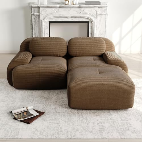 Ligterra Boneless Couch, Modulares 2 Sitzer Sofa aus Cordstoff, Ecksofa mit 1 Ottomane, Compressed Sofa, Ohne Montage & Rutschfester Unterseite, frei Kombinierbar, 208×178×75cm (Braun)