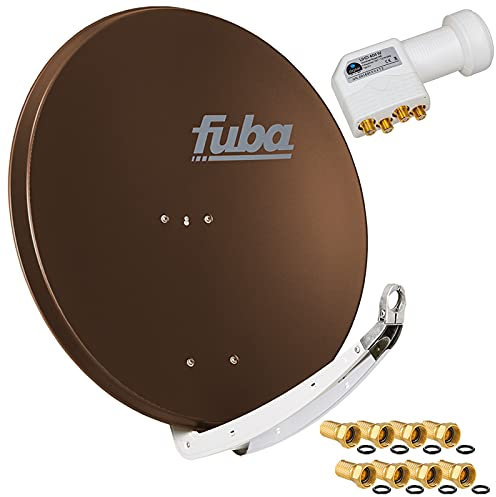 FUBA 4 Teilnehmer Digital SAT Anlage DAA850B braun + Hochwertiger Quad LNB weiß + 8 Vergoldete F-Stecker