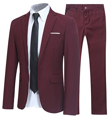 Costume Homme d'affaire en cérémonie Mariage Veste et Pantalon Deux pièce Slim fit,Vin Rouge,M