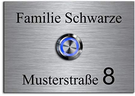 Edelstahl Klingel mit Gravur und LED 10x7cm Türklingel Klingelplatte mit Straße und großer Hausnummer graviert