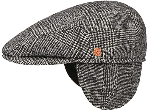 Mayser Merlino Flatcap mit Ohrenklappen Schirmmütze Schiebermütze Ohrenschutz Herren - Made in The EU Schirm, Futter, Lederband, Lederband Winter Herbst-Winter - 60 cm schwarz-weiß